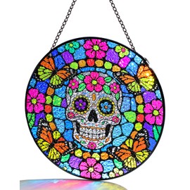 Day of the Dead Stained Glass Window Hanging - 7.8“ Dia. Sun Painted Glass Panel Catcher Ornament for Dia De Los Muertos Home Windows Door Wall Decor Women Gifts, Sugar Skull & Monarch Butterfly Style