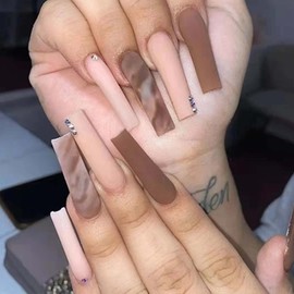 YoYoee Coffee color Press On Nails Coffin Long Fake Nails Acrylic Gradient False Nails Marble Frosted Stick On Nails for Women and Girls (24 PCS)