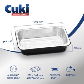 Cuki Professional vaschette alluminio con coperchi ultra-forza, 4 porzioni, laccate, cm24x17xh5 , 1 confezione da 25 pezzi, monouso per forno, microonde, frigo, cottura, conservazione