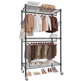 Whitmor 3 Tier Rolling Garment Rack, Heavy Duty Adjustable Metal Clothing Rack with Side Hooks, Double Rods & 360° Lockable Wheels, Max 600LBS for Hanging Clothes, 35.4" L x 16" W x 77" H, Black
