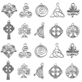 Stiesy 100Pcs 10 Styles Antique Silver Clover Charms Vintage Irish Trinity Knot Charm Tibetan Cross Heart Charms for DIY Irish St Patricks Day Jewelry Making