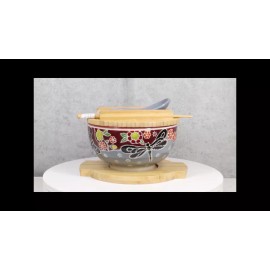 Maroon Tombo Dragonfly Donburi Ramen Bowl With Lid Trivet Spoon Chopsticks Set