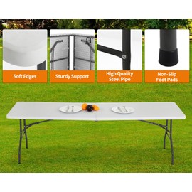 BestOffice Camping Folding 8 Foot Plastic Table, White