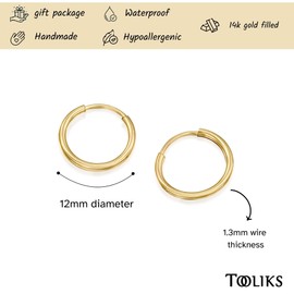 Tooliks - Tiny Hoop Earrings 12mm 14mm - Sterling Silver Gold Filled Rose Gold - Small Sleeper Hoops for Lobe Cartilage Nose Tragus - Lightweight Hypoallergenic Jewelry (Gold Filled, 12mm)