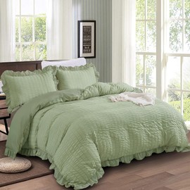Double Green Duvet Cover Set White 3 Pieces Seersucker Duvet Cover Ruffle Bedding Set,Soft Microfiber,2 Pillowcases and Zipper Closure,Double Size 200×200 cm