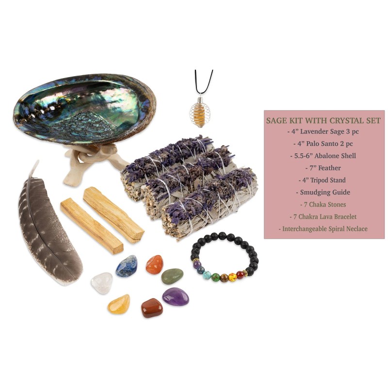 Lavender Sage Smudge Kit with Shell, Palo Santos, Stones, Bracelet,