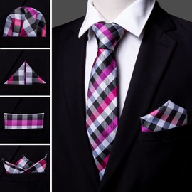 Barry.Wang Fuchsia Black White Tie for Men Plaid Silk Necktie Handkerchief Cufflinks Formal Business Wedding Party