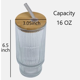 ASMEFY 2-Pack Ribbed Glass Tumblers with Lids and Straws - 16oz Iced Coffee Cups, Reusable Glass Cups with Bamboo Lids Set for Tea, Matcha, Cocktails & Sparkling Water - Gift for Christmas, Birthdays