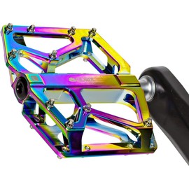 GORIX (GX-FX181) Flat Pedal, Oil Slick, Bicycle Pedal, Lightweight, Aluminum, CNC Machined, High Rotation, Smooth, 3 Bearings, Anti-Slip, Pin Included, Stylish, Cool, Bicycle Pedal Replacement, Road Bike, Cross Bike, Mini Velo, MTB, Etc