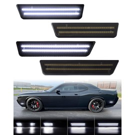 PWOBVZ Dynamic White LED Side Marker Lights Compatible for Dodge Challenger 2008 2009 2010 2011 2012 2013 2014, Front & Rear Bumper Parking Lamps, Smoked Lens 4PCS
