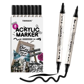TRANSON 8 Pack Black Brush and Bold Dual-tip Acrylic Paint Pen for DIY Glass Canvas Wood Leather Ceramic Rock Painting