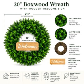 WHANLEY 20 Inch Boxwood Wreath for Front Door with Wooden Welcome Sign, Artificial Greenery Door Wreath for Spring Summer, UV Resistant Farmhouse Wreath for Porch Indoor Outdoor Decor