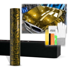 24"x60" (2FTx5FT) Golden Yellow PET Marble Forged Carbon Fiber Textured Gloss Vinyl Wrap Auto Car Sticker Decal Film Sheet Bubble Free Air Release Technology with Tool Kit
