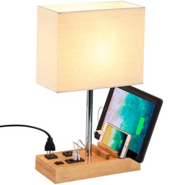 Dreamholder Desk Lamp with 3 USB Charging Ports, 2 AC Outlets and 3 Phone Stands, Modern USB Table Lamp with Black Wooden Base and Cream Linen Shade