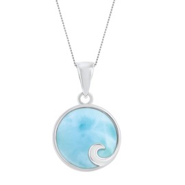 Beaux Bijoux Sterling Silver Larimar Necklace Natural Gemstone Ocean Wave/Center Catalina Round Pendant Necklace with 18" Silver Chain Dainty Necklace for Women, Metal, natural larimar gemstone