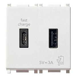 VIMAR 14295.AC USB Power Supply 5V 3A for Electronic Devices, 1 USB Type A and 1 USB Type C, Power Supply 120-240V 50/60Hz, Antibacterial Material, 2 Modules, Plana Series, White