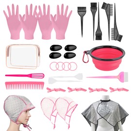 32 Pcs Hair Dye Coloring Kit,Hair Dye Tools for DIY Salon.Hair Dye Brush and Bowl Set/Highlighting Frosting Cap with Plastic Hooks/Dye Brush/Ear Cover/Gloves/Comb/Hairpin/Hair Coloring Cape(Pink)