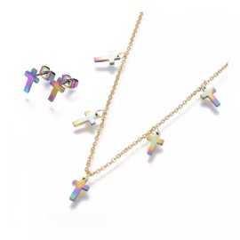 Unbranded Stainless Steel Set Pendant Necklace Stud Earrings Back Cross 16.7" P707