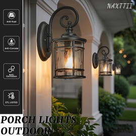 NAXTTII Modern Outdoor Wall Sconce Lights Exterior LightIing Fixtures with Water Ripple Glass Black Finish Die-Casting Aluminum Outdoor Porch Lights for Garden Garage Yards 15.5 Inch Height