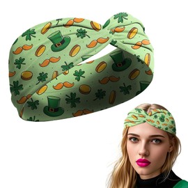BYETOCE St. Patrick's Day Headband Wide Hair Band with Irish Green Shamrock Gold Coin Bowler Hat Printed Elastic Fashion Hair Accessories for Women Knot Turban Celebration Decoration