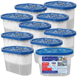 Pack of 10 Dehumidifiers with 230 g Granules, up to 50 m² Room Size and 550 ml Liquid Absorbent, Reusable