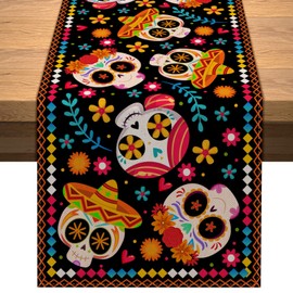 Vohado Camino de mesa Día de los Muertos, diseño de calavera de azúcar Dia De Los Muertos, fiesta mexicana, carnaval, fiesta, fiesta, cocina, comedor, decoración del hogar