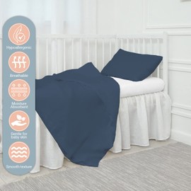 Pizuna 100% Cotton Crib Duvet Cover Dark Blue, 400 Thread Count Long Staple Cotton Duvet Cover 100x135 cm, Soft Sateen Weave Toddler Bedding Set Include 1 Duvet Cover And 1 Baby Pillow Case