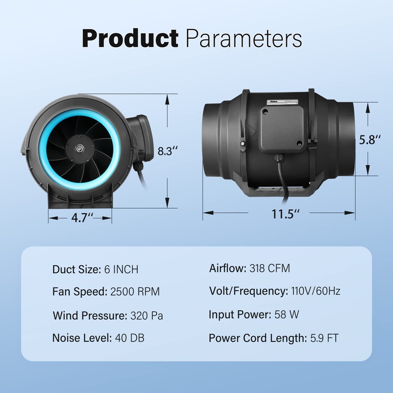 iPower 6 Inch 318 CFM Inline Duct Ventilation Fan Combo,
