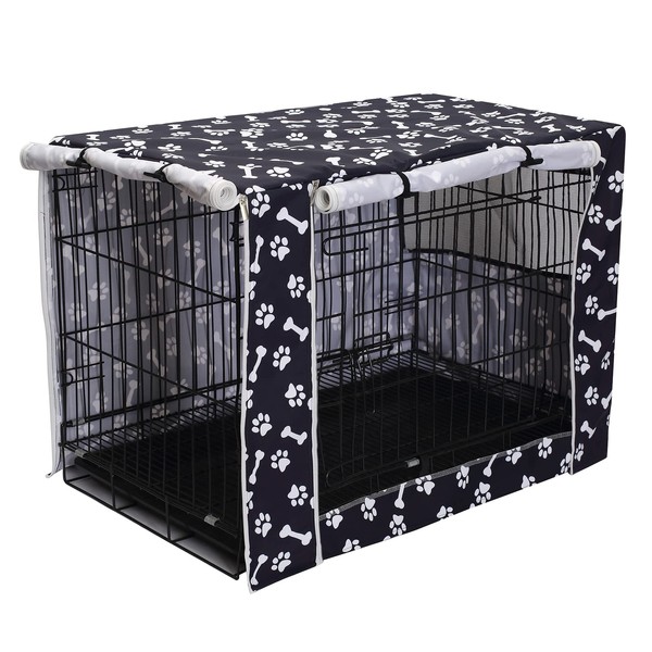 Morezi Dog Crate Cover for Wire Crates,Cage, Heavy Nylon Durable Waterproof Windproof Pet Kennel Cover Indoor Outdoor Protection - Cover only - Black Paw Bone - Large
