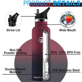 Grsta Drinking Bottle - 1 Litre - Sports Water Bottle, Stainless Steel Leak-Proof, Drinking Bottle with Straw, Thermos Flask, BPA-Free, Water Bottle for Fitness, Outdoor, Gy