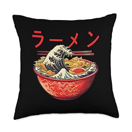 Cool Ramen Otaku Kawaii Manga Anime Merch Large Ramen Wave from Kanagawa-Japanese Kawaii Kanji Art Throw Pillow, 18x18, Multicolor
