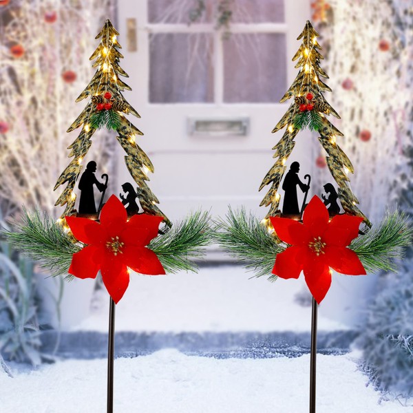 MAGGIFT 2 Pack Christmas Lighted Solar Stake Lights, Solar Powered LED Xmas Nativity Scene Metal Stake with Poinsettia, Outdoor Decorations Light Up Pathway Lights, Garden Stakes Yard Lawn Ornament