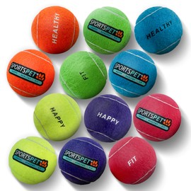 SPORTSPET Tennis Balls for Dogs Made from Natural Rubber - Durable, Non-Abrasive, Pressureless Dog Tennis Balls, Safe for Teeth & Gums - Pack of 12 Multicolor, Medium Size 64mm