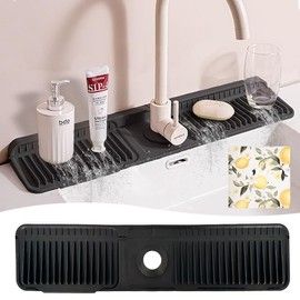 24 Inch Silicone Faucet Mat for Kitchen Sink Splash Guard Behind Faucet 6°Slope bathroom sink mat Sink Water Splash Guard Draining Mat Faucet Mat for Bathroom Sink with Swedish Dish Cloths-Black