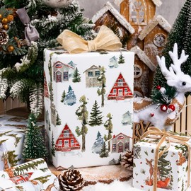 MAYPLUSS Christmas Gift Wrapping Paper Roll - 17" X 120" Per Roll - Vintage Christmas Cottage, Wild Deer & Happy Polar Bears Gift Wrap Trees Christmas Thick Holiday Craft Paper for Christmas, Winter