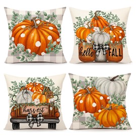 4TH Emotion Fall Pillow Covers 18 x 18 Inch Set of 4, Eucalyptus Truck Mason Jars Farmhouse Decorations Pumpkin Harvest Autumn Thanksgiving Holiday Decor Throw Cushion Case for Home Couch S24F21