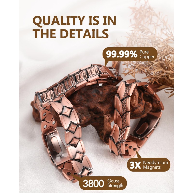 Feraco Pure Copper Magnetic Bracelet for Men,3X Strength Magnets Jewelry