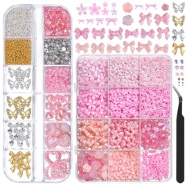 3D Nail Charms and Gems Set, Nail Bows Charms and Flowers, 3D Flowers for Nails with Petal Caviar Beads Flatback Crystals Pearls Y2K Alloy Butterfly Bow with Tweezers for Nail DIY (Pink)