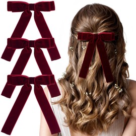 HINZIC 3Pcs 4.72inch Velvet Hair Bows Burgundy Ribbons Elastic Velvet Scrunchies Ponytail Holder Valentines Wedding Prom Birthday Accessories for Women Teen Girls Thin Hair