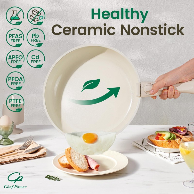 Chef Power Ceramic Cookware Set Non Toxic with Detachable Handles,