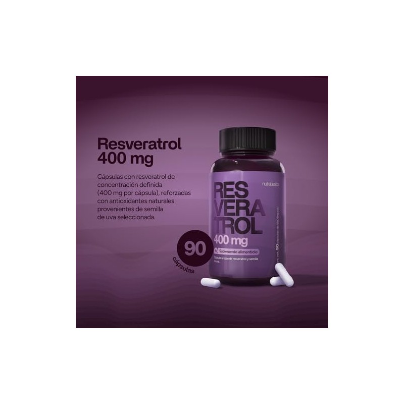 Resveratrol 400mg Puro 90 Cápsulas con Semilla de Uva Nutrabasics
