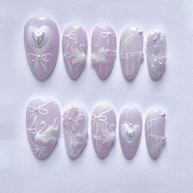 24pcs Light Purple Press on Nails Short Almond Bow Fake Nails with 3D White Swan Pearl Heart Flowers Designs Summer False Nails Cute Glue on Nails Handmade Full Cover Acrylic Nails for Women