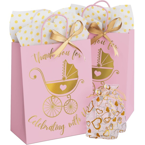 25 Pack Baby Shower Gifts Bag with Tissue Paper and Ribbons,Gold Baby Shower Gifts Bags for Girls, Gender Reveal Gift Bag Bulk Baby Gift Bags Medium Size (8"Lx4.5"Wx10"H, Pink)