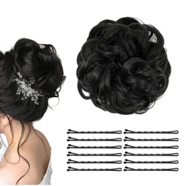 Real Hair Pieces, Bun Hairpiece, Comes with 36 Clips, Hair Accessories for Women, Hair Scrunchie with Hair Piece with Elastic Band, Hairstyle Aid Wig for Women and Girls (Black)