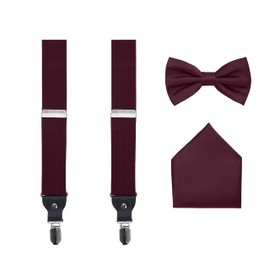 Juego de tirantes para hombre, 3 piezas, incluye tirantes, pajarita a juego, pañuelo de bolsillo y caja de regalo, Merlot, Talla única