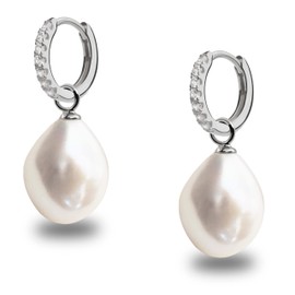 Women's 12mm Hoop Earrings with Interchangeable Freshwater Cultured Pearl Charm and Cubic Zirconia Secret & You - Vermeil Gold or 925 Sterling Silver, Sterling Silver, Pearl