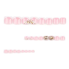 White French Tip Press on Toenails Pink Fake Toenails Short Square False Toenails with 3D Flower Design Press on Toe Nails Glossy Full Cover Stick on Toenails Summer Acrylic Toenails Kit 24Pcs
