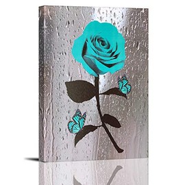 Teal Rose Canvas Wall Art Turquoise Blue Flower Prints Contemporary Black and White Pictures for Bathroom Wall Decor 12 x 16 Inch