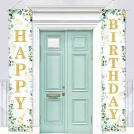 Kreatwow Sage Green Happy Birthday Door Banner Birthday Party Decorations Neutral Birthday Decorations for Woman Man Greenery Birthday Porch Sign Banner Greenery Birthday Banner Wall Door Decor