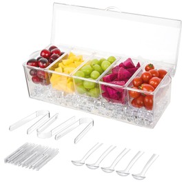 Funyakit Ice Chilled Condiment Tray with 5 Containers, Large Condiment Caddy Server with Lid and Removable Compartments, Clear Serving Tray Holder on Ice for Taco Salad Mimosa Bar Party Garnish